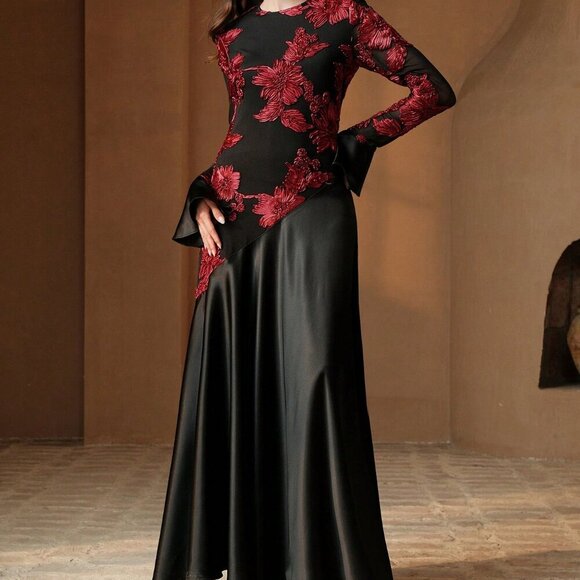 BEST SELLER Black Elegant Women's RED Floral Patchwork Round Neck mAXI Dress - Picture 4 of 7